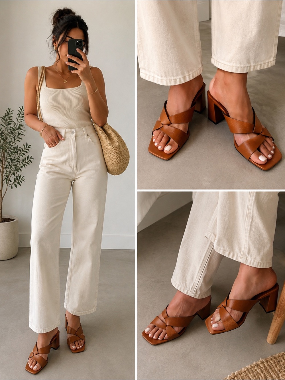 Zara Brown Leather Cross-Strap Block Heel Mules EU41
